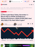 [LIVE] Crypto News Today, November 4 – Bitcoin Dips to $103K Amid Binance–Wintermute Rumors, While ZCASH (ZEC) And JELLYJELLY Fly: Next 100x Crypto? - 99Bitcoins