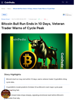 Bitcoin Bull Run Ends in 10 Days, Veteran Trader Warns of Cycle Peak
