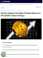 World’s Highest IQ Holder Predicts Bitcoin to Hit $220K In Next 45 Days