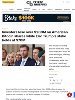 Investors lose over $200M on American Bitcoin shares while Eric Trump's stake holds at $70M