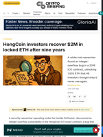 HongCoin investors recover $2M in locked ETH after nine years