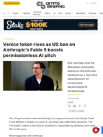 Venice token rises as US ban on Anthropic's Fable 5 boosts permissionless AI pitch