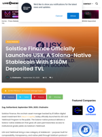 Solstice Finance Officially Launches USX, A Solana-Native Stablecoin With $160M Deposited TVL | Live Bitcoin News
