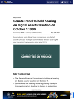Senate Panel to hold hearing on digital assets taxation on October 1: BBG