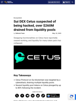 Sui DEX Cetus suspected of being hacked, over $260M drained from liquidity pools