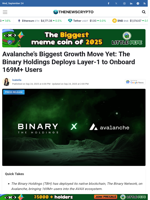 Avalanche’s Biggest Growth Move Yet: The Binary Holdings Deploys Layer-1 to Onboard 169M+ Users - TheNewsCrypto