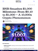 BNB Smashes $1,000 Milestone: From $0.10 to $1,000 - A 10,000x Crypto Phenomenon