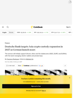 Deutsche Bank targets Asia crypto custody expansion in 2027 as German launch nears