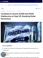 Coinbase to Launch AUDD and XSGD Stablecoins on Sept 29, Breaking Dollar Dominance
