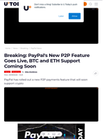 Breaking: PayPal's New P2P Feature Goes Live, BTC and ETH Support Coming Soon - U.Today