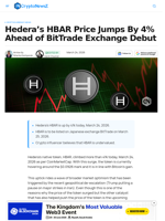 Hedera's HBAR Price Up By 4% on BitTrade Debut Anticipation