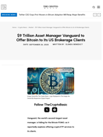 $9 Trillion Asset Manager Vanguard to Offer Bitcoin to Its US Brokerage Clients