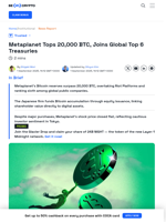Metaplanet Tops 20,000 BTC, Joins Global Top 6 Treasuries - BeInCrypto