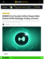 BitMEX Co-Founder Arthur Hayes Sells Entire HYPE Holdings To Buy a Ferrari - CoinCentral