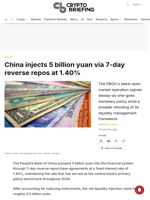 China injects 5 billion yuan via 7-day reverse repos at 1.40%