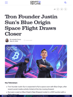 Tron Founder Justin Sun's Blue Origin Space Flight Draws Closer