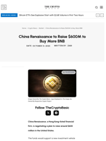 China Renaissance to Raise $600M to Buy More BNB