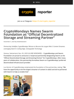CryptoMondays Names Swarm Foundation as “Official Decentralized Storage and Streaming Partner”