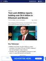 Tom Lee's BitMine reports holding over $6.6 billion in Ethereum and Bitcoin