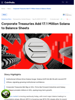 Corporate Treasuries Add 17.1 Million Solana to Balance Sheets