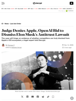 Judge Denies Apple, OpenAI Bid to Dismiss Elon Musk’s Antitrust Lawsuit - Decrypt