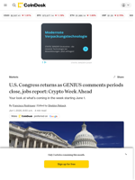 U.S. Congress returns as GENIUS comments periods close, jobs report: Crypto Week Ahead