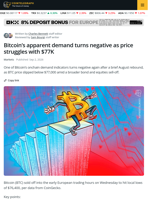 Bitcoin Drops to $76.4K as Demand Turns Negative, Asian Stocks Slide