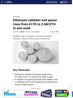 Ethereum validator exit queue rises from 617K to 2.6M ETH in one week