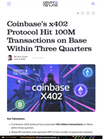 Coinbase’s x402 Protocol Hit 100M Transactions on Base Within Three Quarters
