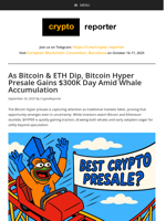 As Bitcoin & ETH Dip, Bitcoin Hyper Presale Gains $300K Day Amid Whale Accumulation