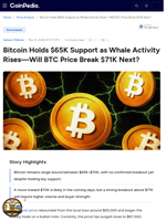 Bitcoin Holds $65K Support as Whale Activity Rises—Will BTC Price Break $71K Next?