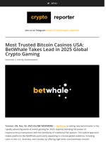 Most Trusted Bitcoin Casinos USA: BetWhale Takes Lead in 2025 Global Crypto Gaming
