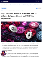 Top Crypto to Invest In as Ethereum ETF Inflows Outpace Bitcoin by $720M in September
