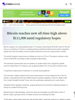 Bitcoin price surpasses $111K for first time; institutional demand strong