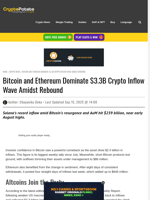 Bitcoin and Ethereum Dominate $3.3B Crypto Inflow Wave Amidst Rebound