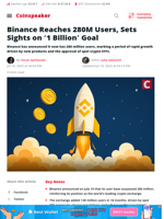 Binance Reaches 280M Users, Sets Sights on '1 Billion' Goal - Coinspeaker