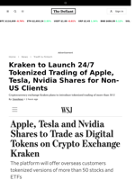 Kraken launching 24/7 tokenized trading for non-US clients could boost cryptocurrency prices.