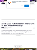 Zcash (ZEC) Puts Cardano's Top 10 Spot at Risk After 1,000% Rally - U.Today