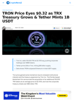 TRON Price Eyes $0.32; TRX Treasury Grows; Tether Mint $1B