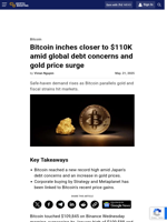 Bitcoin inches closer to $110K amid global debt concerns and gold price surge