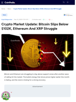 Crypto Market Update: Bitcoin Slips Below $102K, Ethereum And XRP Struggle