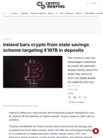 Ireland bars crypto from state savings scheme targeting €197B in deposits