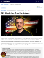 CZ: Bitcoin Is a True Hard Asset