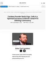 Cardano Founder Backs Ergo, Calls It a ‘Spiritual Successor to Bitcoin’ Amid HTX Delisting Controversy