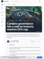 Cardano governance hits a wall as treasury reaches 91% cap