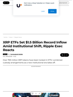 XRP ETFs Set $1.5 Billion Record Inflow Amid Institutional Shift, Ripple Exec Reacts - U.Today
