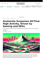 Avalanche Surpasses All-Time High Activity, Driven by Gaming and DEXs - 