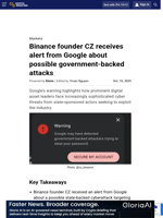 Binance founder CZ receives alert from Google about possible government-backed attacks