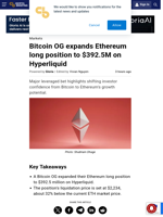Bitcoin OG expands Ethereum long position to $392.5M on Hyperliquid