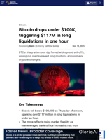 Bitcoin drops under $100K, triggering $117M in long liquidations in one hour